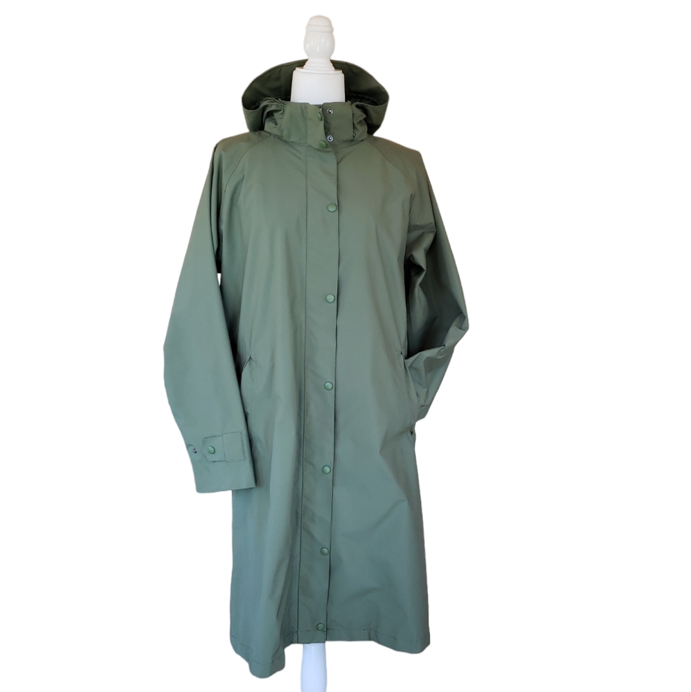 LL BEAN long hooded raincoat olive green Large